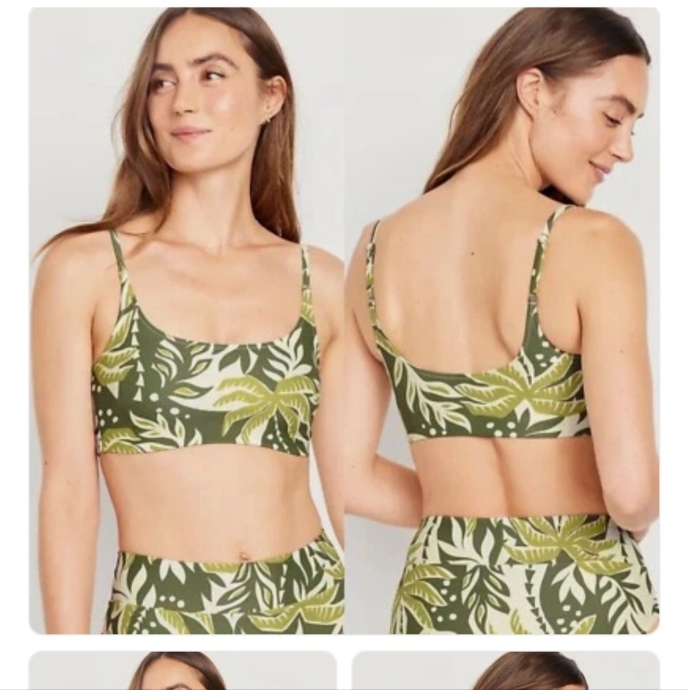 High-waisted Olive and Cream Palm Print Bikini Set; Bottom size S, Top size M